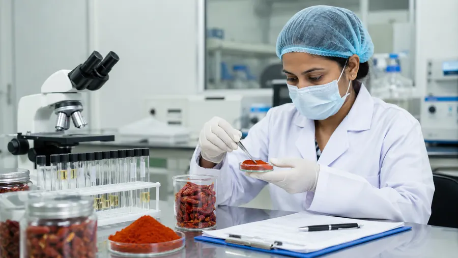 Lab technician checking chili sample
